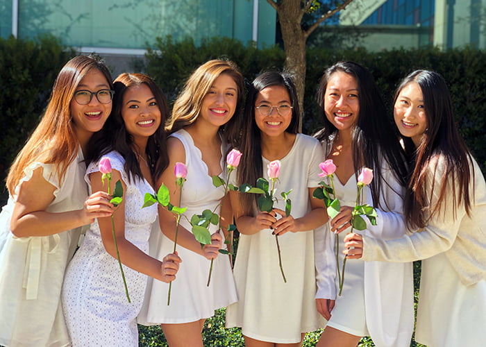 Group of six women holding a pink flower in front of them.